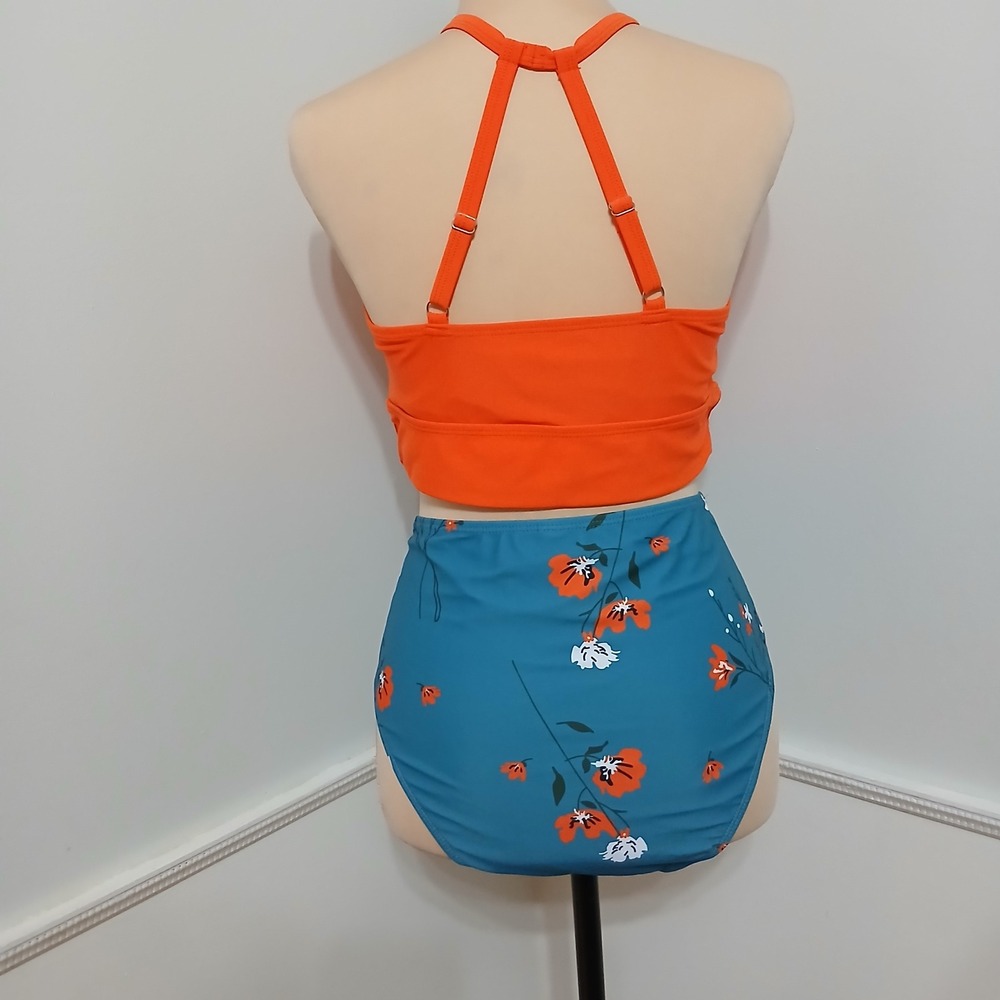 Womens High Neck Bikini Set Orange Crop Top Floral High Waist Bottoms Teal L New - Picture 5 of 7